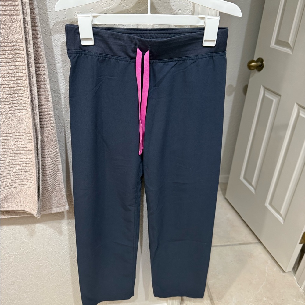 Figs midnight blue Livingston mid-rise scrub pants with Pink Drawstring